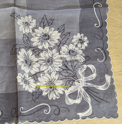 Embroider Print Flower Handkerchief Grey Gray Hanky Fancy Hem Hankie Vintage Mid Century Cloth Linen Gift