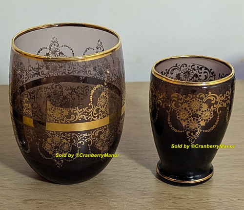 Gold Overlay Shot Glass Amethyst Smoky Purple Cup Vintage Mid Century Bohemian Czech Murano Shooter Barware Home Décor Gift Lot 4