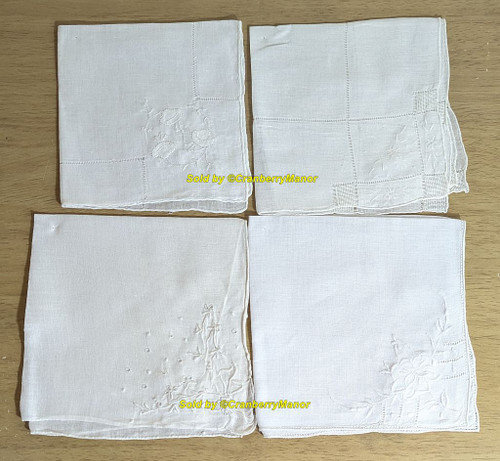 White Bridal Handkerchief Embroider Applique Eyelet Lace Drawn Work Hankie Vintage Bride Linen Wedding Hanky Something Old Gift Lot 4