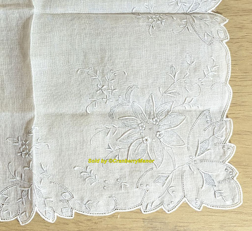 Appenzell Flower Handkerchief French Knot Drawn Thread Embroider Lace Bride Hankie Vintage Wedding Linen Bridal Hanky Something Old Gift