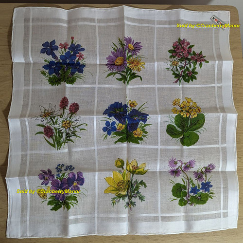 Kreier Multi Flower Handkerchief Swiss Floral Bouquet Cloth Hanky Vintage Mid Century Switzerland Hankie Gift NOS NWT Original Label