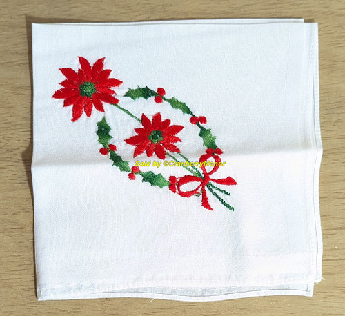 Poinsettia Holly Berry Handkerchief Red Flower Ribbon Wreath Bouquet Cloth Embroider Hanky Vintage Mid Century Christmas Hankie Gift