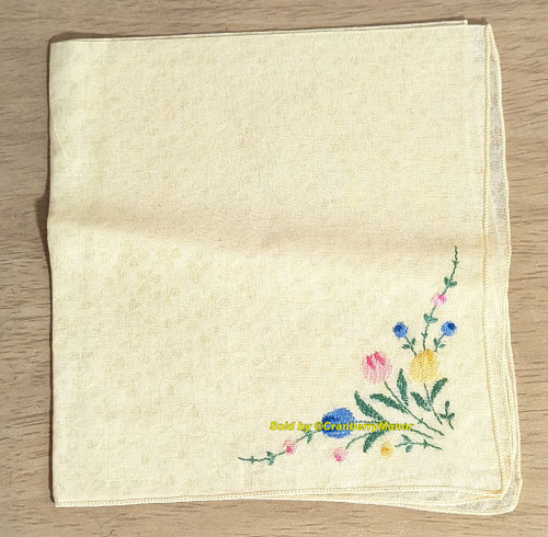 Yellow Embroider Flower Clover Ivy Handkerchief Silky Floral Bouquet Cloth Hankie Vintage Linen Hanky Gift