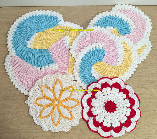 Pinwheel Flower Star Crochet Doily Baby Pink Green Yellow Red Cloth Pot Holder Vintage Linen Gift Lot 5 Doilies