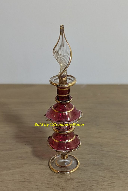 Mini Cranberry Pink Perfume Bottle Gold Twisted Glass Dauber Vintage Mid Century Vanity Makeup Accessory Gift
