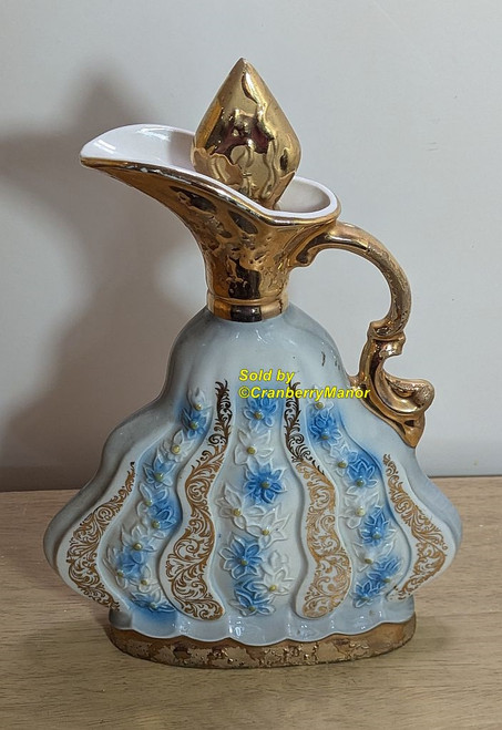 Jim Beam Regal China Charisma Executive Bourbon Whiskey 1970 Decanter Blue White Flower Liqueur Bottle Vintage Designer Pitcher Cruet Gift Blue Gold Gild Empty 