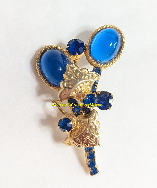 Juliana D&E Brooch Blue High Dome Metal Wire Over Leaf Pin Vintage DeLizza Elster Mid Century Fashion Jewelry Gift
