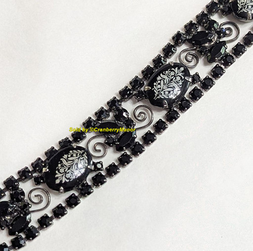 Juliana D&E Bracelet Black Flower Decal Filigree Scroll Jewelry Vintage Delizza Elster Designer Fashion Gift