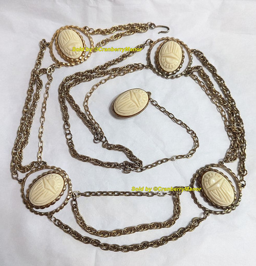 Juliana D&E Belt Cream White Scarab Egyptian Revival Jewelry Vintage Delizza Elster Designer Fashion Gift