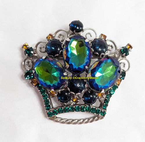 Watermelon Rivoli Crown Brooch Sapphire Blue Topaz Emerald Green Pin Vintage Filigree Scroll Fashion Jewelry Gift