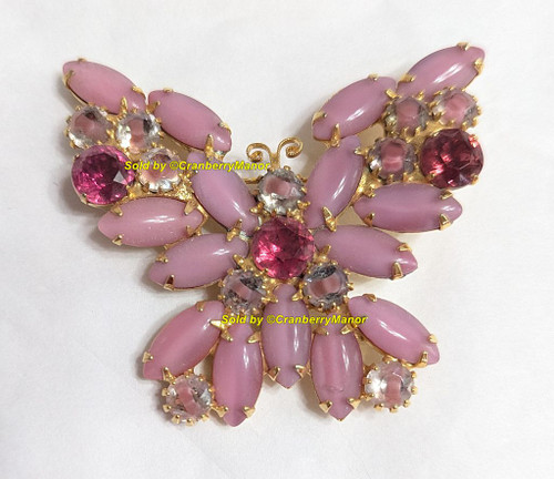 Rose Pink Fuchsia Butterfly Brooch Fancy Givre Stripe Pin Vintage Fashion Jewelry Mid Century Gift