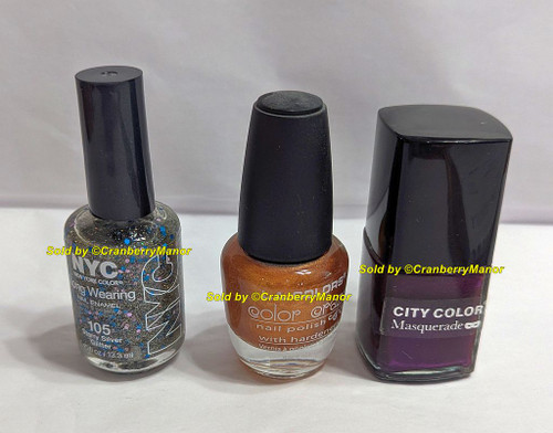 NYC LA City Color Nail Polish Silver Glitter Gold Purple Crème Holo Multi Chrome Lacquer Makeup Gift Lot 3