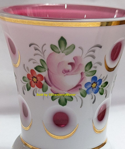 Czechoslovakia Cut to Cranberry Glass Pink Rose Floral Milk White Vase Vintage Mid Century Czech Bohemian Home Décor Gift