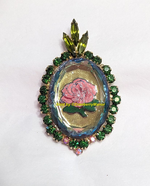 Juliana D&E Cameo Brooch Pendant Emerald Green Pink Intaglio Rose Pin Necklace Vintage DeLizza Elster Mid Century Designer Fashion Jewelry Gift