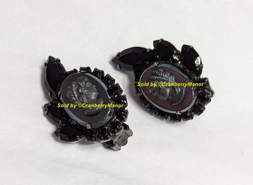 Juliana D&E Cameo Earrings Jet Black Hematite Japanned Jewelry Vintage DeLizza Elster Mid Century Designer Fashion Gift