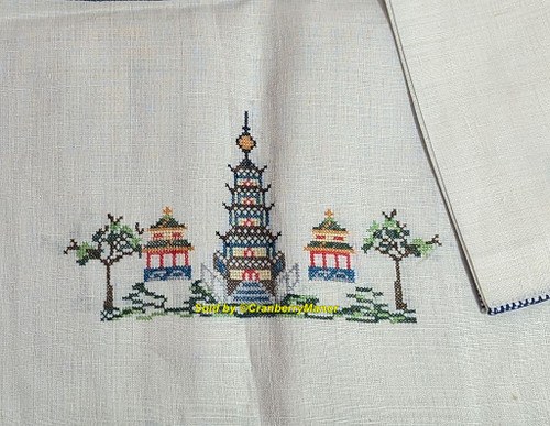 Blue Pagoda Tablecloth 4 Napkin Set Cross Stitch Embroider Table Cover Needlepoint Cloth Vintage Asian Linen Gift Lot 5