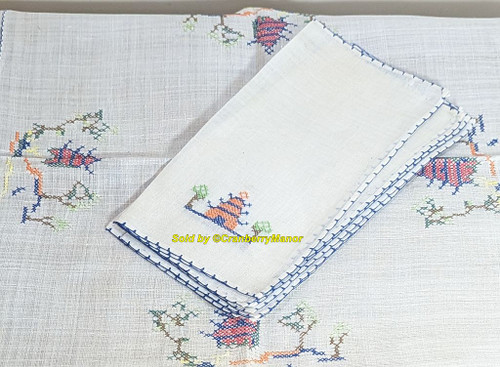 Blue Pagoda Tree Tablecloth 4 Napkin Set Cross Stitch Embroider Table Cover Needlepoint Cloth Vintage Asian Linen Gift Lot 5