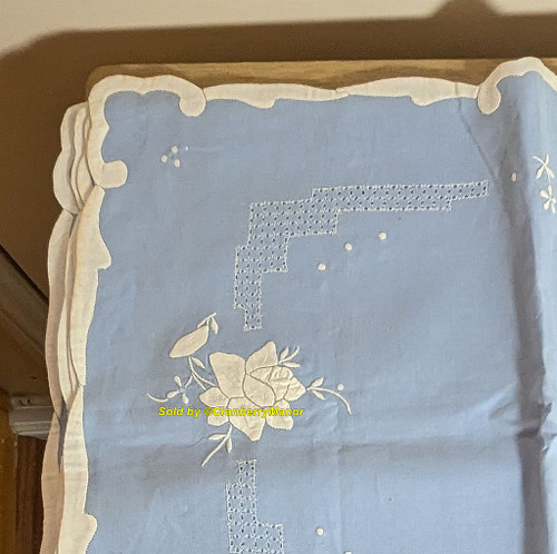 Blue White Rose Embroider Applique Placemat Set Pierced Open Work Cloth Vintage Linen Gift Lot 4