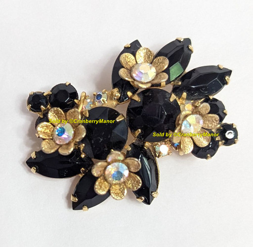 Juliana D&E Brooch Jet Black Wire Over Metal Flower Pin Vintage Delizza Elster Designer Mid Century Fashion Jewelry Gift