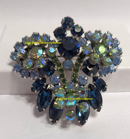 Juliana D&E Brooch XL Sapphire Blue AB Pin Vintage DeLizza Elster Designer Fashion Jewelry Mid Century Gift