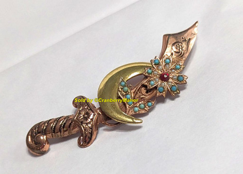 Coro Sterling Scimitar Moon Flower Brooch Ruby Red Turquoise Pearl Sword Sabre Vermeil Silver Pin Vintage Mid Century Designer Fashion Jewelry Gift