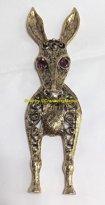 Donkey Puppet Pendant Necklace Filigree Gold Amethyst Purple Burro Jewelry Vintage Mid Century Fashion Gift B