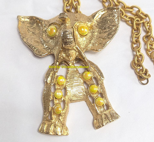 Lucky Elephant Puppet Pendant Necklace Gold Iridescent Yellow Jewelry Vintage Mid Century Fashion Gift
