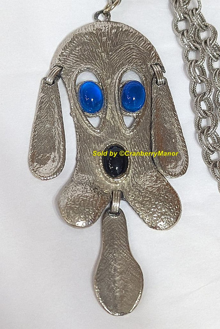 DEC Puppy Dog Pendant Silver Blue Black Puppet Necklace Vintage Jewelry D&E Juliana Design
