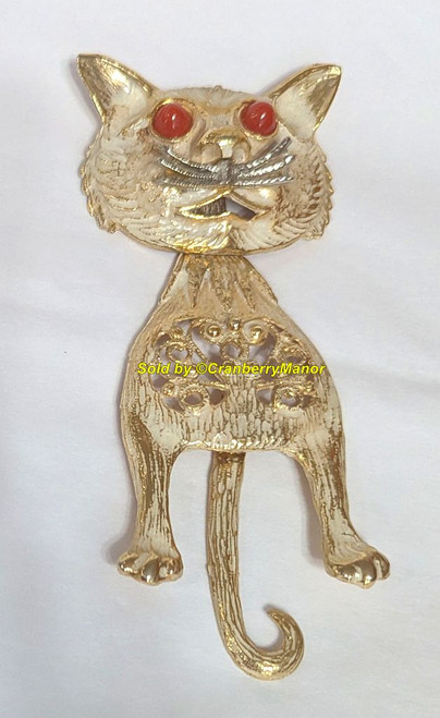 Juliana D&E Cat Puppet Pendant Necklace Gold Ruby Red Kitty Jewelry Vintage DeLizza Elster Designer Fashion Gift