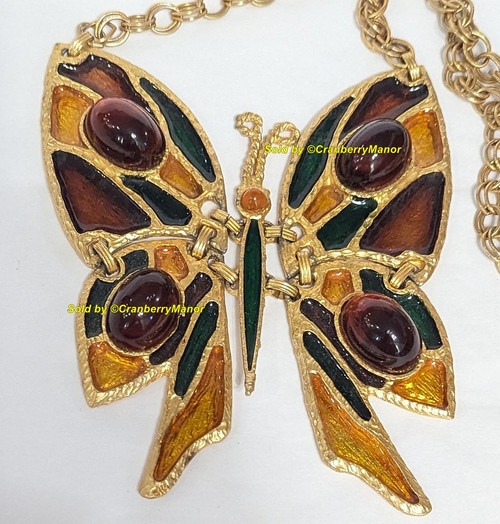 Juliana D&E Butterfly Pendant Necklace XL Brown Gold Green Enamel Moving Jewelry Vintage Delizza Elster Designer Fashion Gift