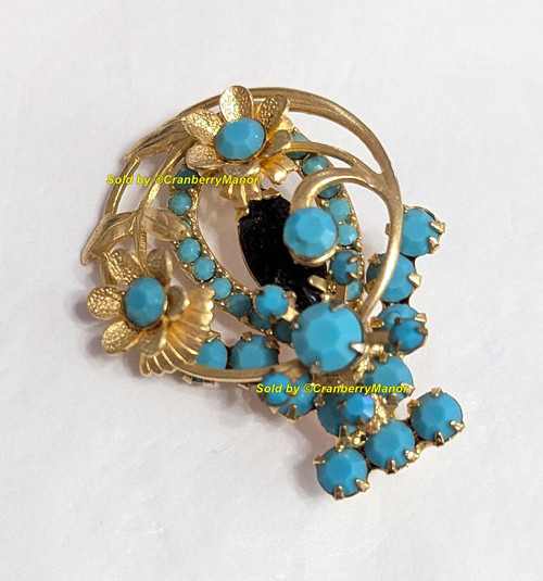 Juliana D&E Brooch Jet Black Turquoise Flower Basket Pin Vintage Delizza Elster Designer Fashion Jewelry Gift
