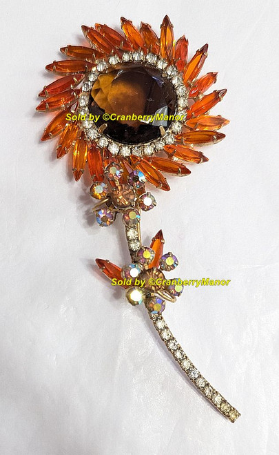 Juliana D&E Smoke Topaz Sun Brooch Orange Flower Sunflower Pin Vintage Delizza Elster Designer Fashion Jewelry Gift