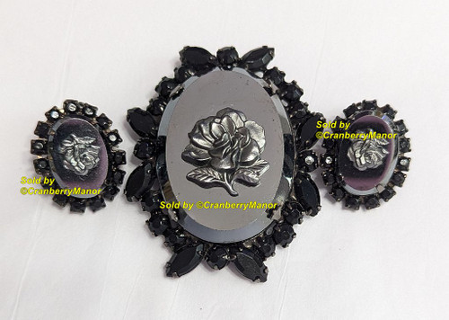 Juliana D&E Cameo Brooch Pendant Earrings Jet Black Hematite Rose Flower Japanned Pin Necklace Vintage DeLizza Elster Designer Fashion Jewelry Gift