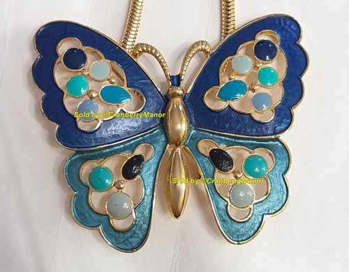 Juliana D&E Butterfly Brooch Pendant Blue Inlay Enamel Pin Snake Chain Necklace Vintage DeLizza Elster Designer Fashion Jewelry Gift