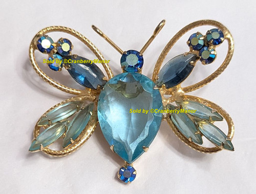 Juliana D&E Bug Brooch Wire Frame Wing Butterfly Pin Blue Tear Drop Bee Insect Jewelry Vintage DeLizza Elster Designer Fashion Gift