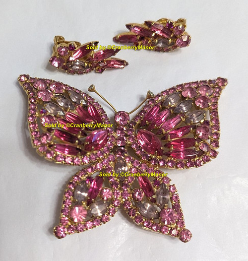 Juliana D&E Butterfly Brooch Earrings XL Reinforced Wing Rose Fuchsia Pink Crystal Sage Bug Insect Pin Vintage DeLizza Elster Designer Fashion Jewelry Gift