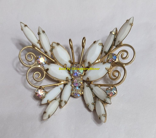 Juliana D&E Butterfly Brooch White Milk Glass Filigree Scroll Bug Insect Pin Vintage DeLizza Elster Designer Fashion Jewelry Gift