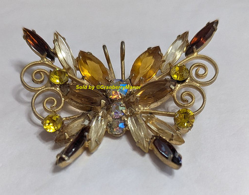 Juliana D&E Butterfly Brooch Topaz Citrine Filigree Scroll Bug Insect Pin Vintage DeLizza Elster Designer Fashion Jewelry Gift