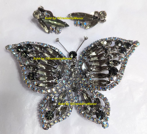 Juliana D&E Butterfly Brooch Earrings XL Reinforced Wing Black Diamond Crystal Bug Insect Pin Vintage DeLizza Elster Designer Fashion Jewelry Gift