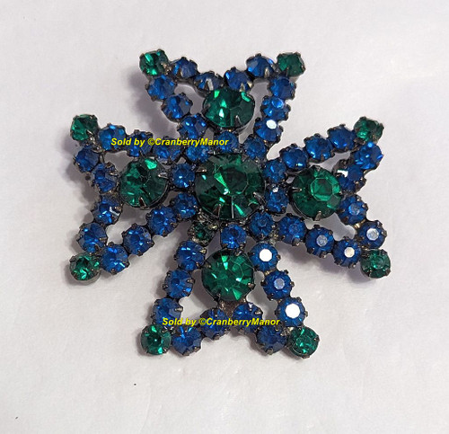 Juliana D&E Cross Brooch Sapphire Blue Emerald Green Black Japanned Pin Vintage Delizza Elster Designer Fashion Jewelry Gift
