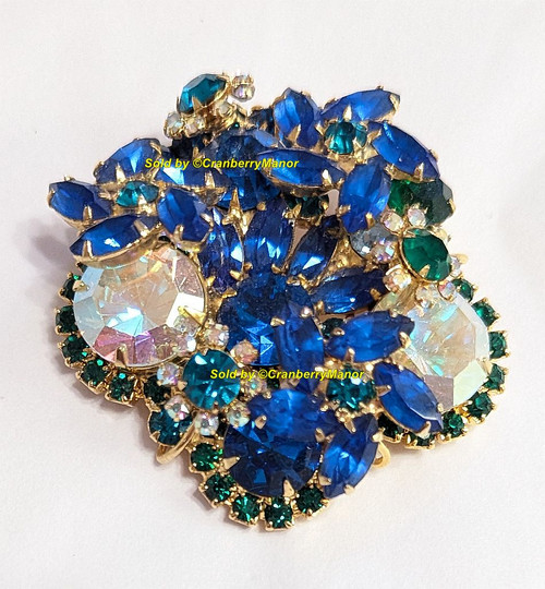 Juliana D&E Brooch Sapphire Blue Emerald Green Wire Over Floret Pin Vintage Delizza Elster Designer Fashion Jewelry Gift
