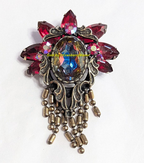 Juliana D&E Brooch Ruby Red Chain Art Nouveau Pin Vintage Delizza Elster Designer Fashion Jewelry Gift