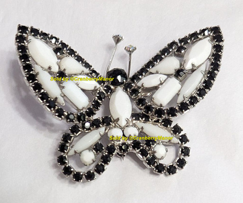 Juliana D&E Butterfly Brooch Reinforced Wing Tip Antennae Black White Milk Bug Insect Pin Vintage DeLizza Elster Designer Fashion Jewelry Gift