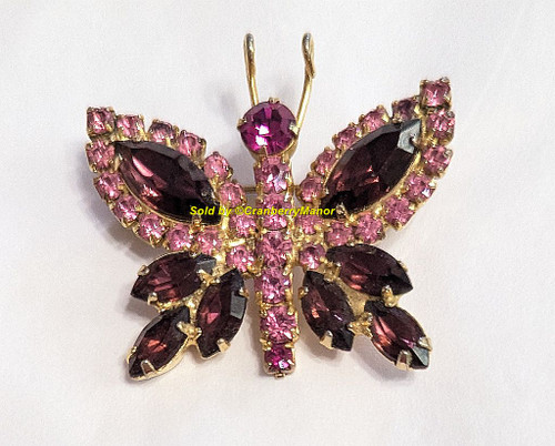 Amethyst Purple Fuchsia Rose Pink Butterfly Brooch Navette Bug Insect Pin Vintage Fashion Jewelry Mid Century Gift