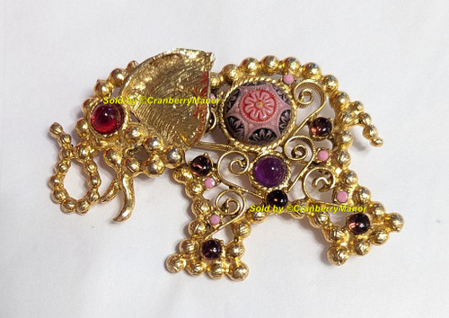 Juliana D&E Elephant Brooch Pendant Moroccan Matrix Amethyst Purple Pink Ruby Red Ball Chain Pin Necklace Vintage DeLizza Elster Fashion Designer Jewelry Gift