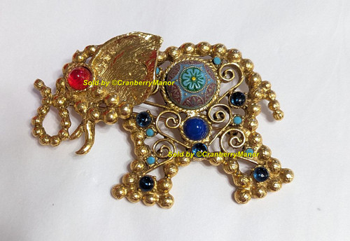 Weiss Juliana D&E Elephant Brooch Pendant Moroccan Matrix Ruby Red Sapphire Blue Ball Chain Pin Necklace Vintage DeLizza Elster Fashion Designer Jewelry Gift