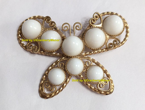 Hobe Butterfly Brooch White Milk Glass Filigree Heart Pin Vintage Designer Fashion Jewelry Gift