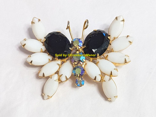 Juliana D&E Butterfly Brooch Black White Milk Glass Cabochon Wing Bug Insect Beetle Bee Pin Vintage DeLizza Elster Designer Fashion Jewelry Gift