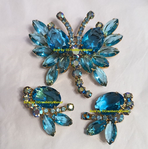 Juliana D&E Butterfly Brooch Earrings Aquamarine Blue Cabochon Wing Long Tail Bug Insect Beetle Bee Pin Vintage DeLizza Elster Designer Fashion Jewelry Gift
