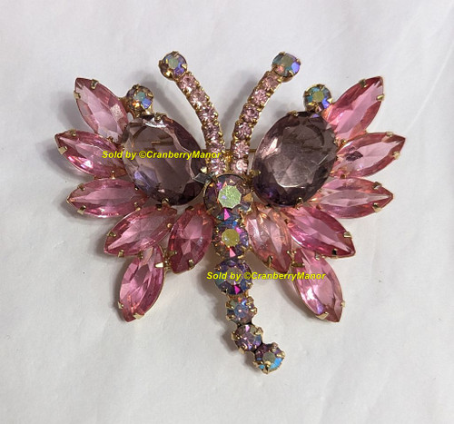 Juliana D&E Butterfly Brooch Amethyst Purple Rose Pink Cabochon Wing Long Tail Bug Insect Beetle Bee Pin Vintage DeLizza Elster Designer Fashion Jewelry Gift